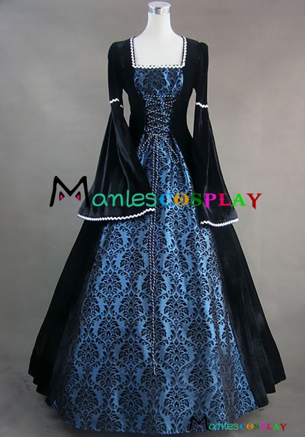 Edwardian Victorian Gothic Lolita U Neck Floral Printed Pagoda Sleeves Strappy Floor Length Dress 