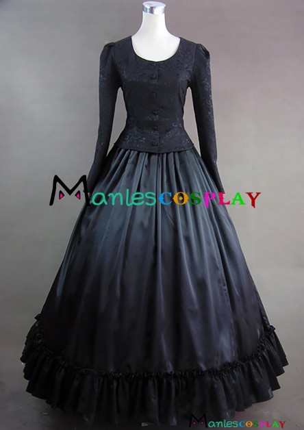 Civil War Victorian Retro Brocaded Ball Gown Black Top Lace Dress 