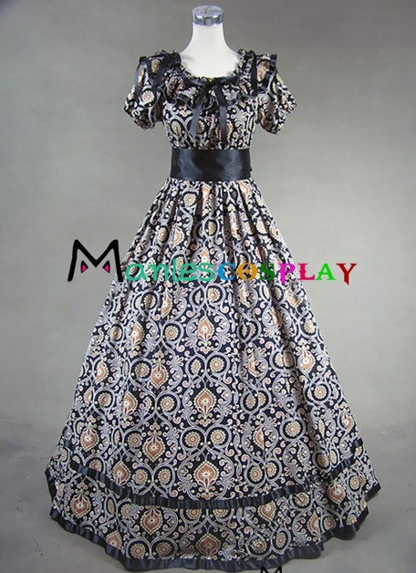 Edwardian Reenactment Round Neck Flower Printed Ruffles Lace Lolita Dress