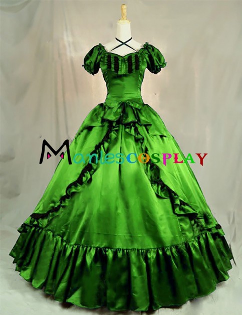 Civil War Lolita Sweet Spaghetti Strap Halter Puff Short Sleeves Ruffles Lace Ball Gown Dress