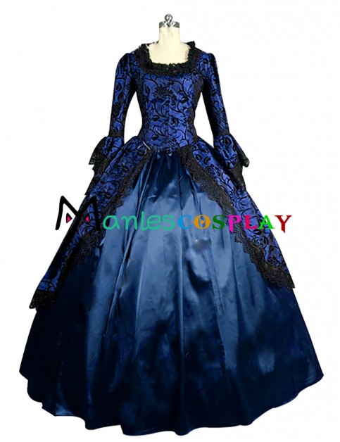 Marie Antoinette Herrlich U Neck Floral Printed Ruffles Lace Brocaded Falbala Ball Gown Dress