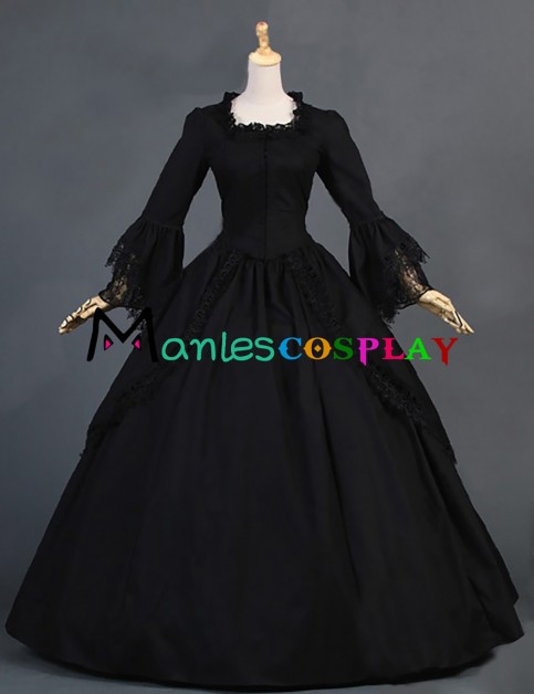 Edwardian Vintage Lolita Turtle Neck Puff Sleeves Ruffles Lace Floor Length Dress