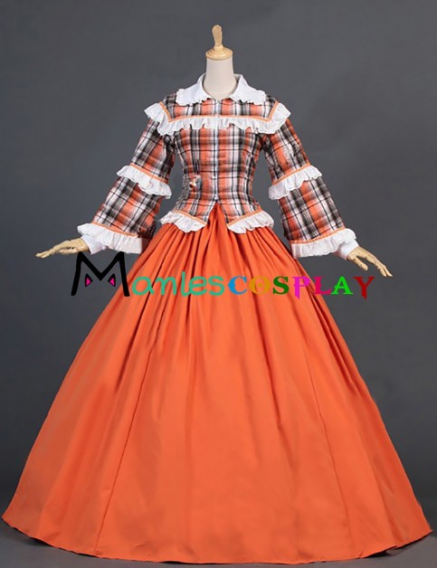 Civil War Lolita Retro Turtle Neck Lace Frill Plaid Patchwork Floor Length Tartan Dress 