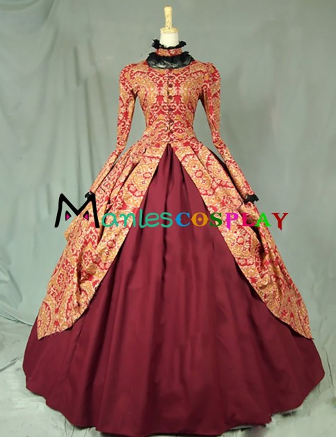 Gorgeous Herrlich Classic Turtle Neck Long Sleeves Flower Print Asymmetry Tiered Brocaded Ball Gown Dress