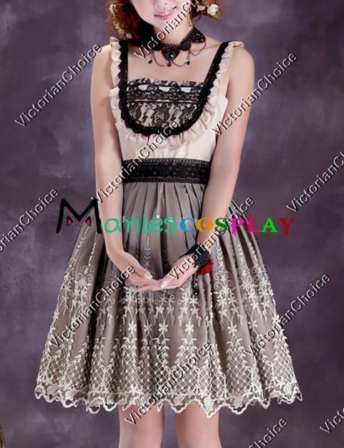 Edwardian Punk Lolita Spaghetti Strap Ruffles Lace Frill Embroidered Sleeves Dress