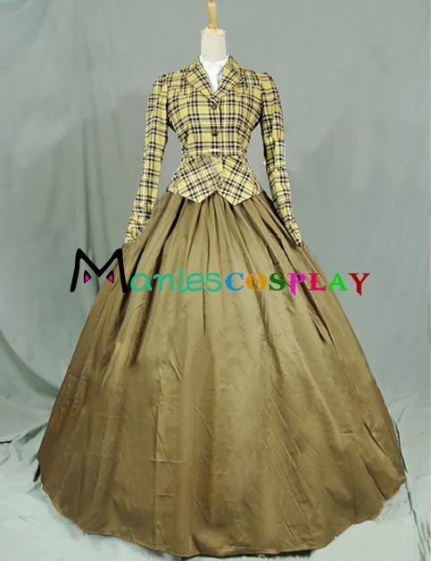 Victorian Vintage Jacket Skirt Tartan Ruffled Ball Gown Dress 