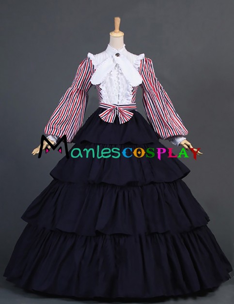 Civil War Lolita Vintage Stripes Ruffles Lace Puff Sleeves Layered Falbala Fancy Floor Length Dress