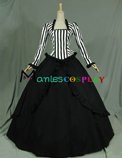 Elegant Classic Klassiker Lolita Stripes U Neck Long Sleeves Lace Ruffles Falbala Floor Length Dress