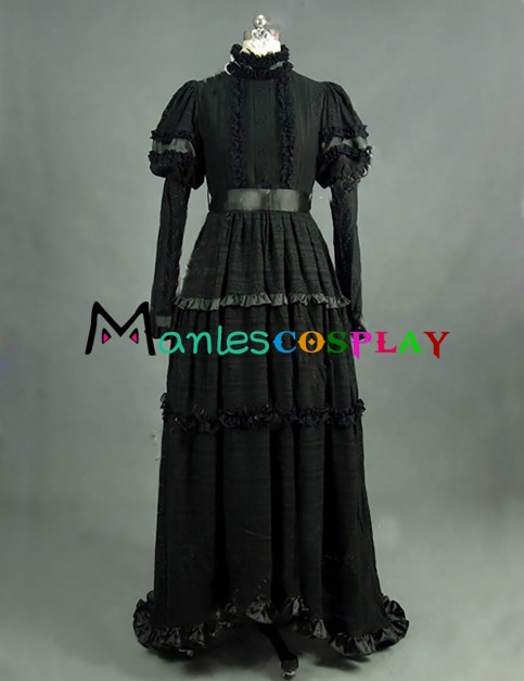 Edwardian Vintage Lolita Turtle Neck Puff Sleeves Ruffles Lace Dress