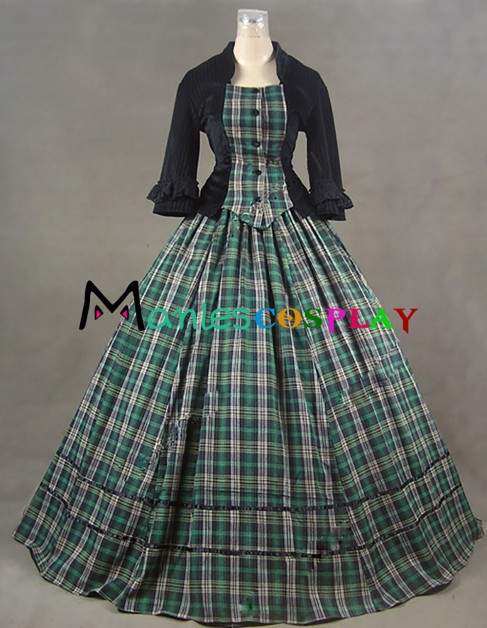 Elegant Classical Gothic U Neck Ruffles Lace Plaid Patchwork Ball Gown Prom Dress 