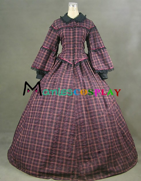 Mulberry Lolita Vintage Plaid Patchwork Lace Frilled Puff Sleeves Dress