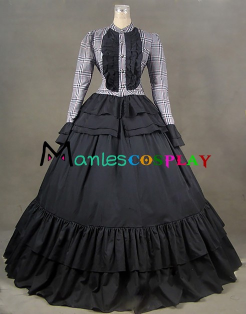 Civil War Retro Long Sleeves Lolita Plaid Patchwork Tiered Lace Ball Gown Dress