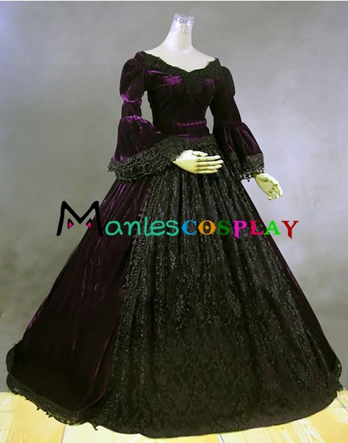 Classical Gothic Edwardian Lolita Slash Neck Pagoda Sleeves Lace Floral Velvet Dress