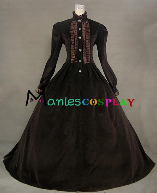 Victorian Gothic Lolita Retro Turtle Neck Long Sleeves Button Lace Ruffles Corduroy Floor Length Dress