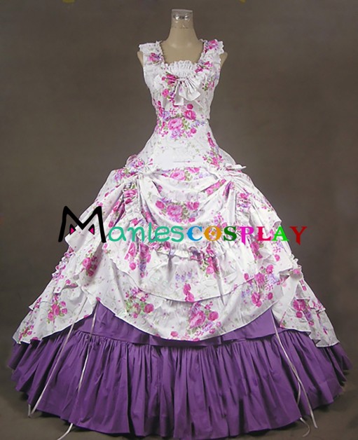 Country Southern Belle Lolita Flower Printed Armelloses Kleid Frill Lace Ball Gown Dress