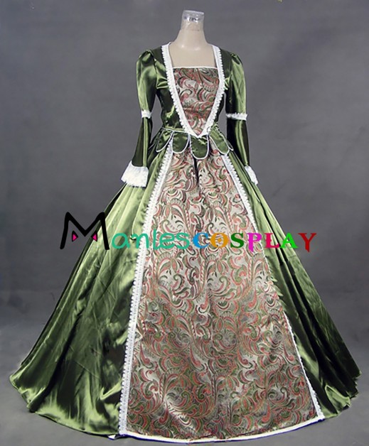 Victorian Edwardian Pagoda Sleeves Lace Frill Floral Printed Brocaded Ball Gown Dress