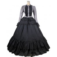 Civil War Retro Long Sleeves Lolita Plaid Patchwork Tiered Lace Ball Gown Dress