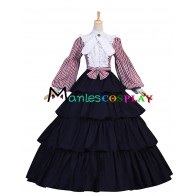 Civil War Lolita Vintage Stripes Ruffles Lace Puff Sleeves Layered Falbala Fancy Floor Length Dress