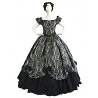 Classical Gothic Vintage Short Puff Sleeves Floral Printed Lace Ruffles Frill Dress