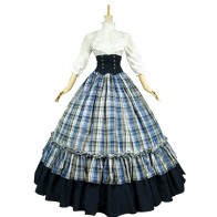 Gothic Lolita Gorgeous Herrlich Floral Turtle Neck Plaid Patchwork Layered Ball Gown Dress