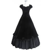 Elegant Gothic Lolita Sleeveless Slash Neck Frilled Velvet Lace Floor Length Dress