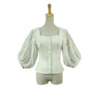 Sweet Dolly U Neck Puff Sleeves Floral Lace Blouse Shirt