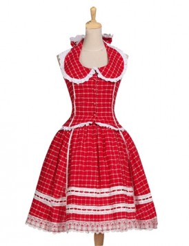1950s Romantic Chic Halterneck Tartan Patterned Lace Dolly Collar Dress