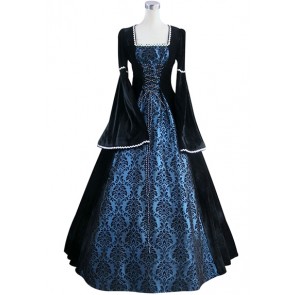 Edwardian Victorian Gothic Lolita U Neck Floral Printed Pagoda Sleeves Strappy Floor Length Dress 