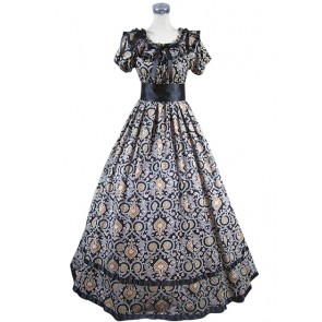 Edwardian Reenactment Round Neck Flower Printed Ruffles Lace Lolita Dress