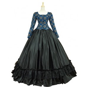 Civil War Lolita Retro U Neck Floral Printed Long Sleeves Ruffles Lace Frill Ball Gown Dress