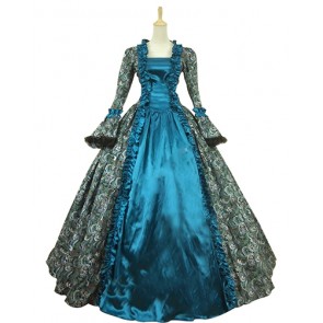 Victorian Georgian Period Retro Flower Printed Ruffles Lace Ball Gown Dress