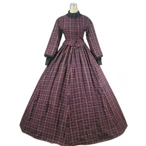 Classic Klassiker Retro Lolita Turtle Neck Plaid Patchwork Frill Lace Long Sleeves Ball Gown Dress