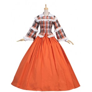 Civil War Lolita Retro Turtle Neck Lace Frill Plaid Patchwork Floor Length Tartan Dress 