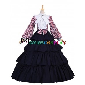 Civil War Lolita Vintage Stripes Ruffles Lace Puff Sleeves Layered Falbala Fancy Floor Length Dress