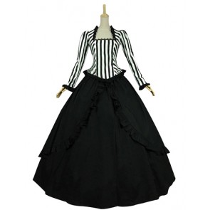 Elegant Classic Klassiker Lolita Stripes U Neck Long Sleeves Lace Ruffles Falbala Floor Length Dress