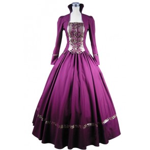 Lolita Vintage Reenactment Flower Printed Frilled Brocaded Ball Gown Dress