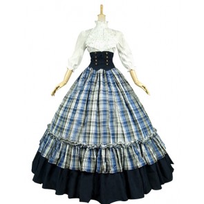 Gothic Lolita Gorgeous Herrlich Floral Turtle Neck Plaid Patchwork Layered Ball Gown Dress