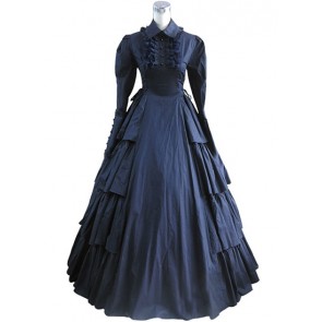 Gothic Lolita Vintage Lapel Button Ruffles Tiered Falbala Lace Ball Gown Dress