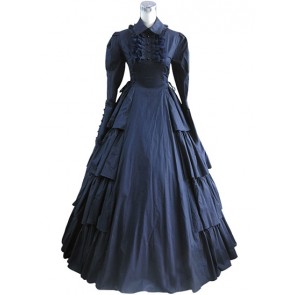 Gothic Lolita Vintage Lapel Button Ruffles Tiered Falbala Lace Ball Gown Dress