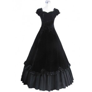 Elegant Gothic Lolita Sleeveless Slash Neck Frilled Velvet Lace Floor Length Dress