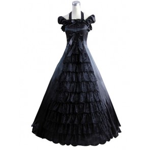 Romantic Romantik Lolita Retro Slash Neck Halter Lace Ruffles Layered Dress Prom