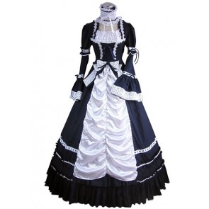 Victorian Vintage Lolita U Neck Ruffles Lace Frill Pagoda Sleeves Lace Brocaded Ball Gown Dress