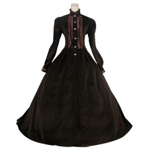 Victorian Gothic Lolita Retro Turtle Neck Long Sleeves Button Lace Ruffles Corduroy Floor Length Dress