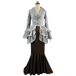 Edwardian Asymmetrical Victorian Blouse Skirt Ruffles Lace Frill Fishtail Dress 
