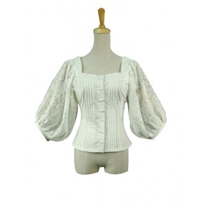 Sweet Dolly U Neck Puff Sleeves Floral Lace Blouse Shirt