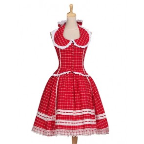 1950s Romantic Chic Halterneck Tartan Patterned Lace Dolly Collar Dress