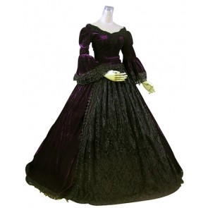 Classical Gothic Edwardian Lolita Slash Neck Pagoda Sleeves Lace Floral Velvet Dress